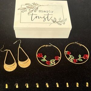 Gold Hoop Earrings with Red Rose Enamel Detail - Women Jewelry